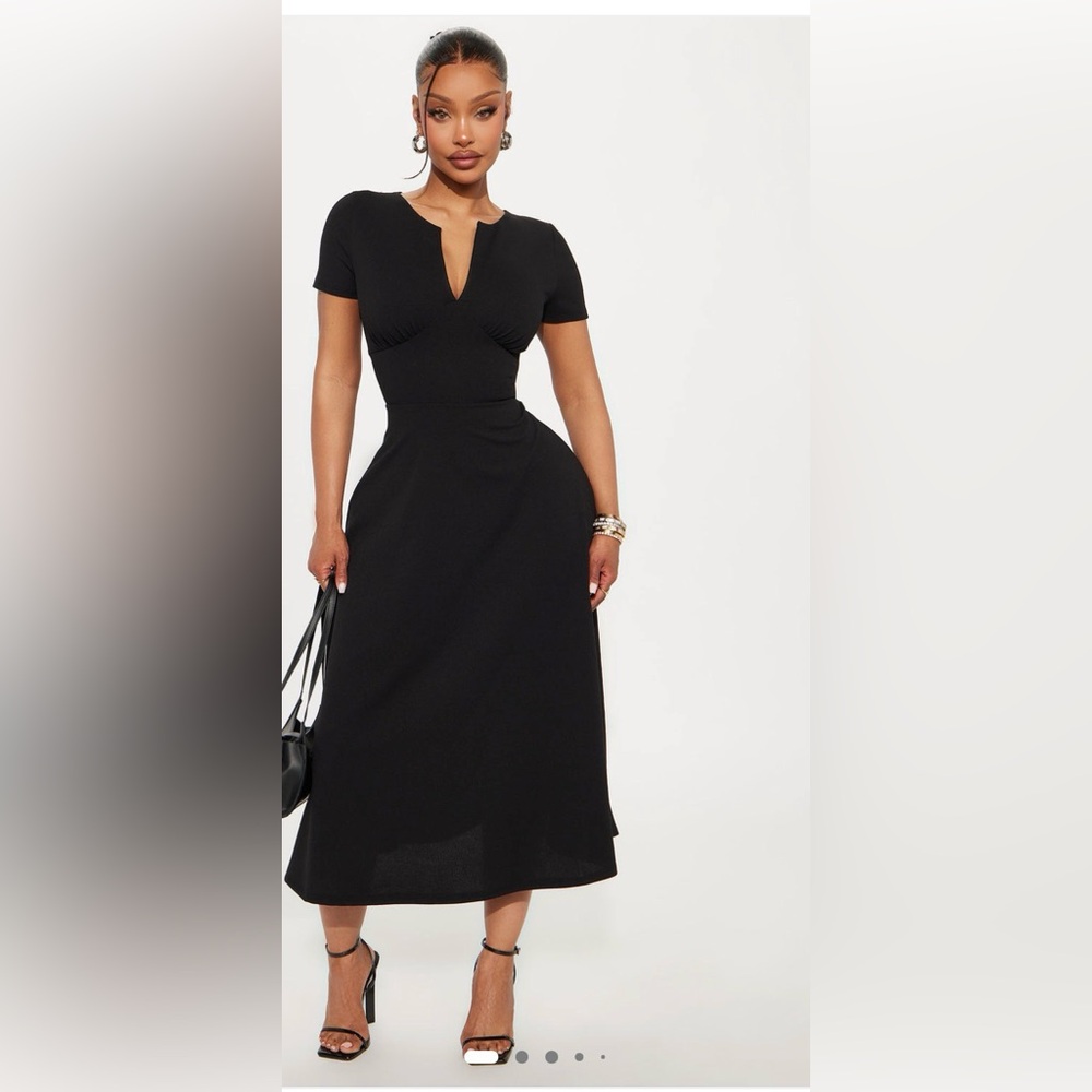 Fashion Nova Black Midi Fit-and-Flare Dress